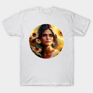 Beautiful feminine Portrait & flowers, Abstract Mexican Girl painting,  pretty woman T-Shirt